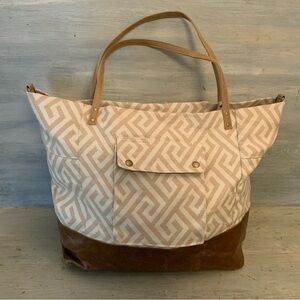 Mossimo Canvas Greek Key Faux Brown Leather and Suede Overnight Weekender Bag GC